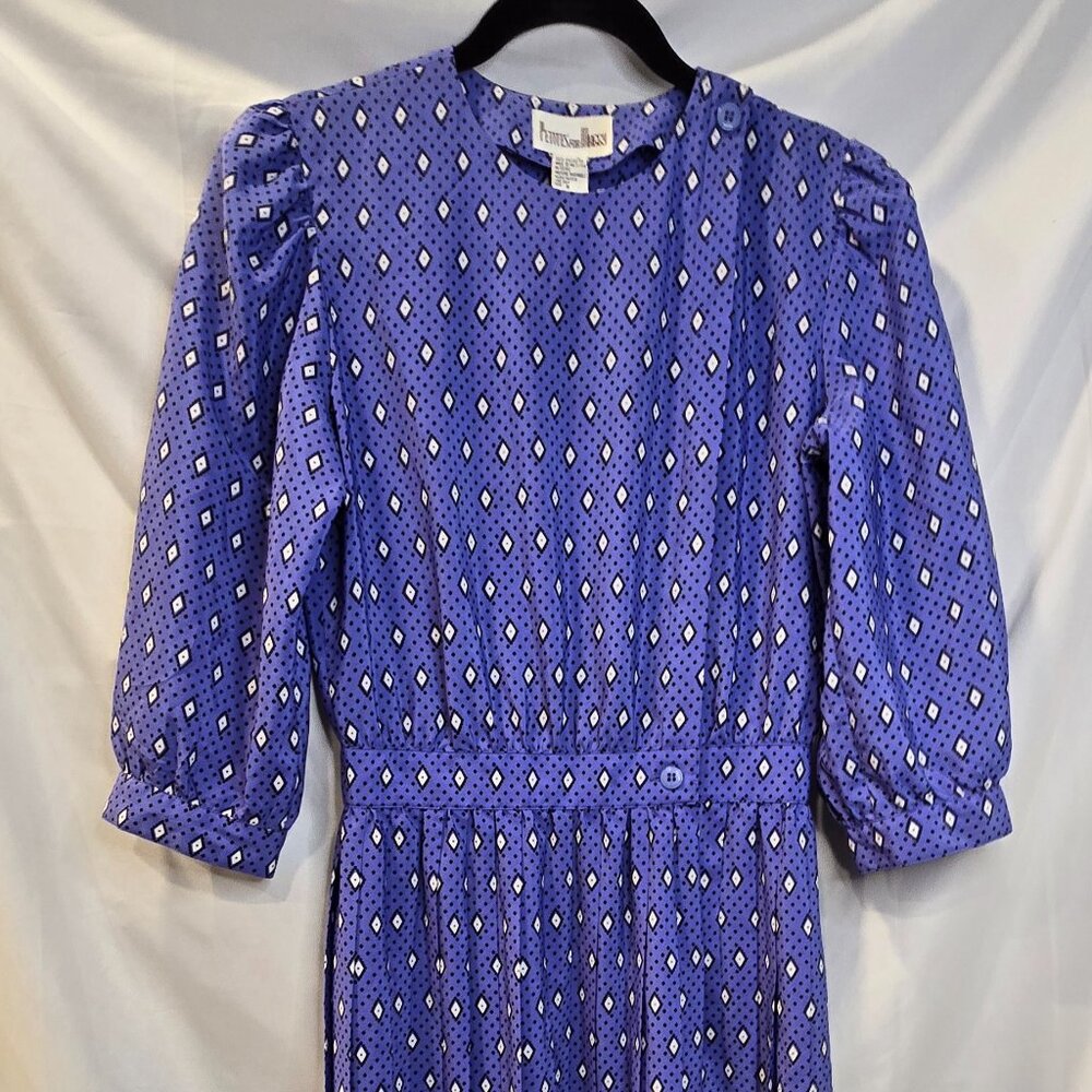 Vintage Petites For Maggy Purple/blue Diamond Polka Dot Dress Size 8 Pleated